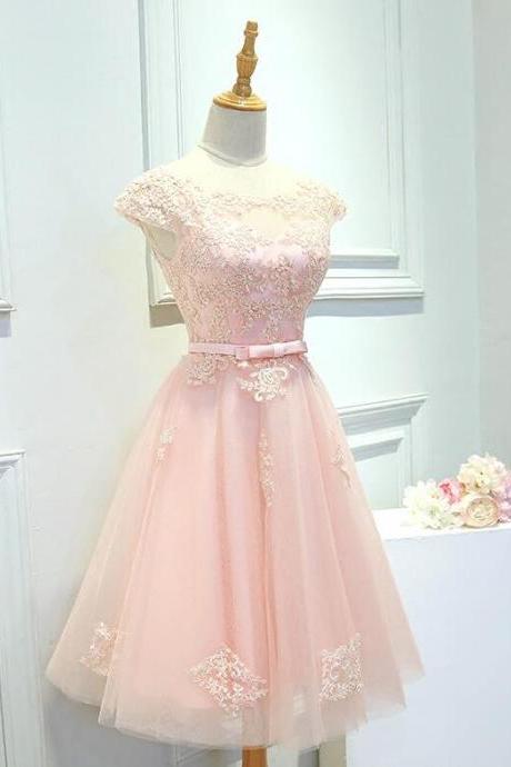 Pink Lovely Cap Sleeves Short Tulle Homecoming Dress With Lace, Short Prom Dress Party Dress