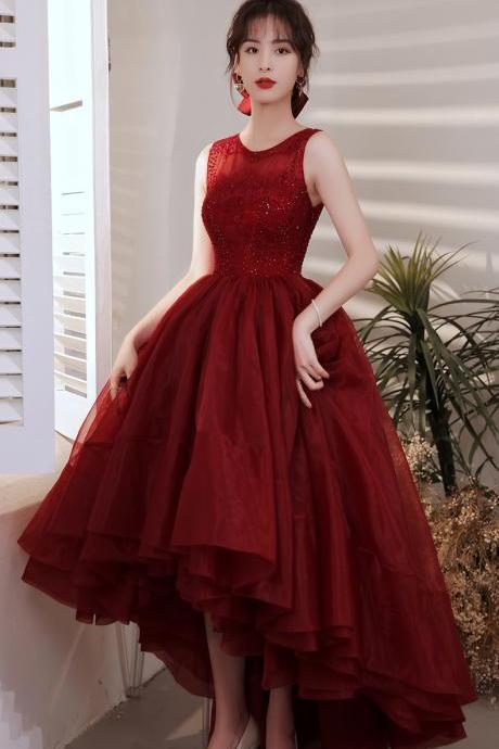 High Low Wine Red Organza Beaded And Lace Party Dress, Dark Red Prom Dress Party Dress