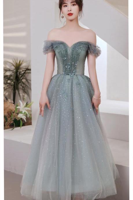Lovely Blue Tea Length Beaded Off Shoulder Wedding Party Dress, Cute Short Prom Dress