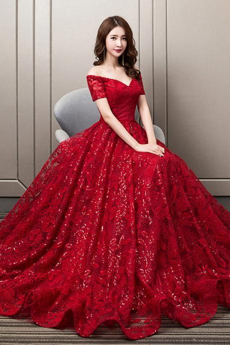 Red Lace Off Shoulder Sweetheart A-line Prom Dress Party Dress, Red Long Formal Dresses