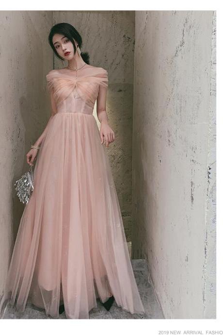 A-line Light Pink Sweetheart Tulle Prom Dress Bridesmaid Dress, Pink Off Shoulder Formal Dress