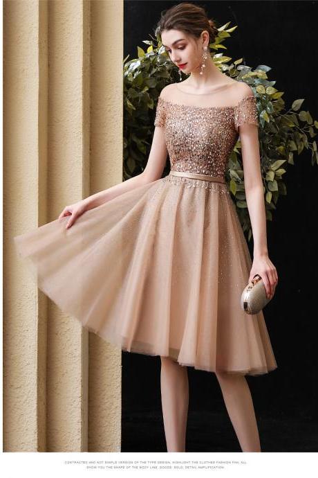 Lovely Champagne Beaded Off Shoulder Short Homecoming Dress, Shiny Sequins Prom Dress Party Dress