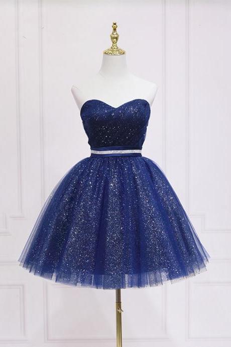 Beautiful Blue Shiny Tulle Sweetheart Homecoming Dress Party Dress, Navy Blue Prom Dress
