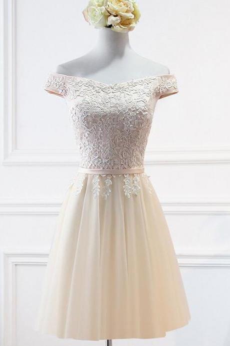 Cute Short Lace And Tulle Champagne Party Dress, Cute Prom Dress Homecoming Dress