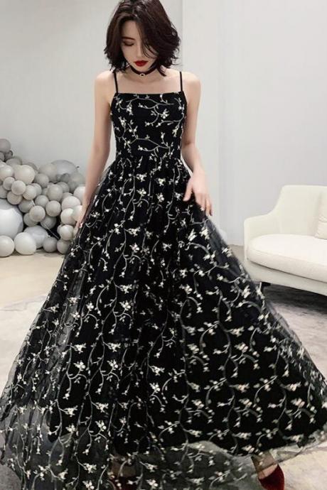 Floral Lovely Black Simple Pretty Straps A-line Long Evening Dress Prom Dress, Black Floor Length Party Dress