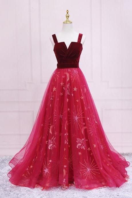 Red Velvet And Tulle Straps Floor Length Eevning Dress, A-line Long Formal Dresse Party Dress