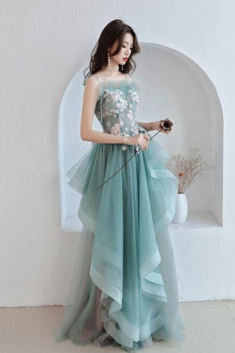 Green And Pink Tulle Long Prom Dresses With Flower Lace, Straps Long Layers Formal Dresses