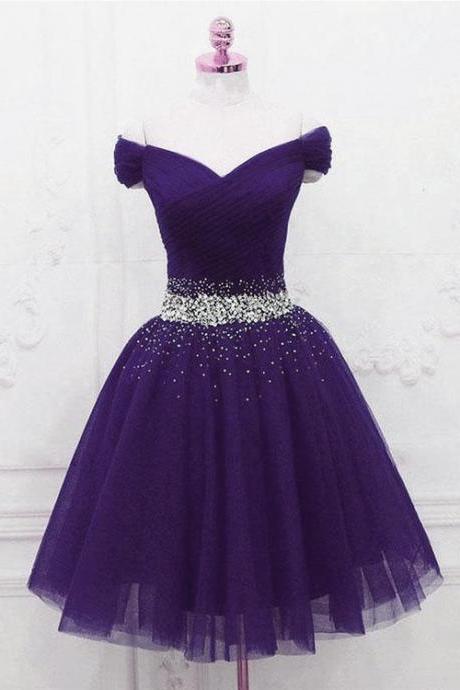 Cute Short Sweetheart Dark Purple Homecoming Dress, Tulle Beaded Short Prom Dress
