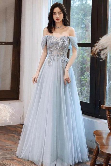 Light Blue Off Shoulder Lace Applique Tulle A-line Prom Dress, Sweetheart Long Party Dress