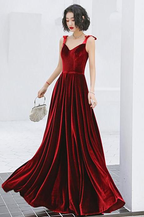 Dark Red Velvet Straps Style Wedding Party Dress, A-line Floor Length Prom Dress Formal Dress