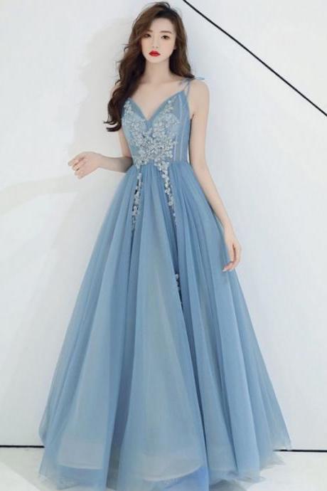 Light Blue V-neckline Flowers Tulle Straps A-line Prom Dress, Blue Floor Length Party Dresses