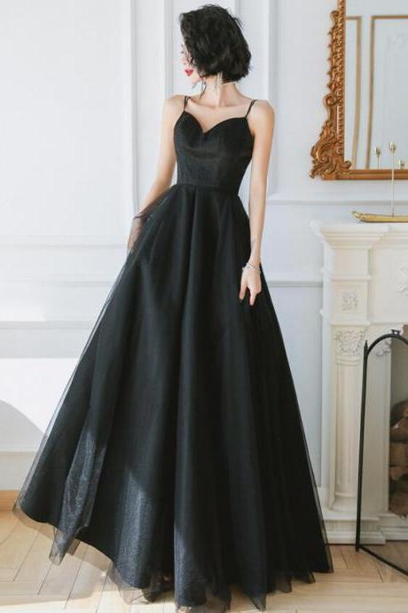 Black Straps A-line V-neckline Floor Length Evening Dress, Black Formal Dresses Prom Dress