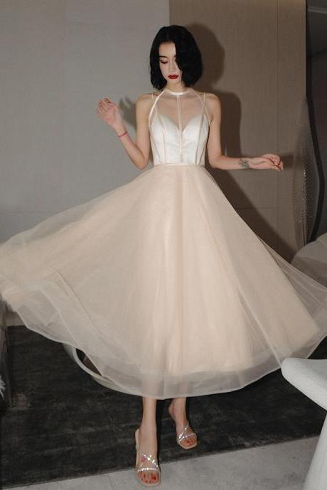 Lovely Light Champagne Tea Length Style Homecoming Dress, Tulle Short Prom Dress Party Dress