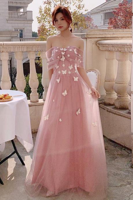 Pink Cute Off Shoulder Tulle A-line Party Dress With Butterflies, Lovely Pink Long Prom Dress