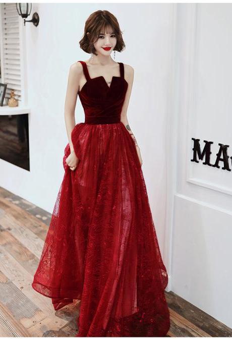 Wine Red Chic Velvet And Tulle Straps Long Evening Dress Prom Dress, Dark Red Tulle Party Dress