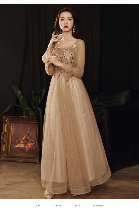 Champagne Tulle Long Sleeves With Lace Applique Wedding Party Dress, Champagne Formal Gown