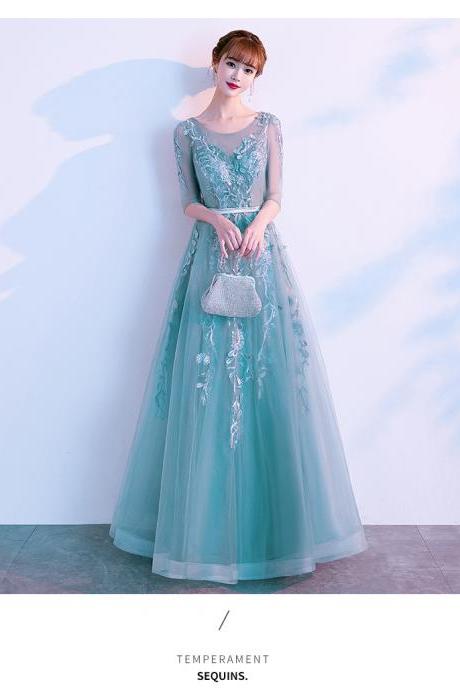 Green Tulle A-line Lace Applique Long Evening Dress Party Dress, A-line Tulle Bridesmaid Dresses