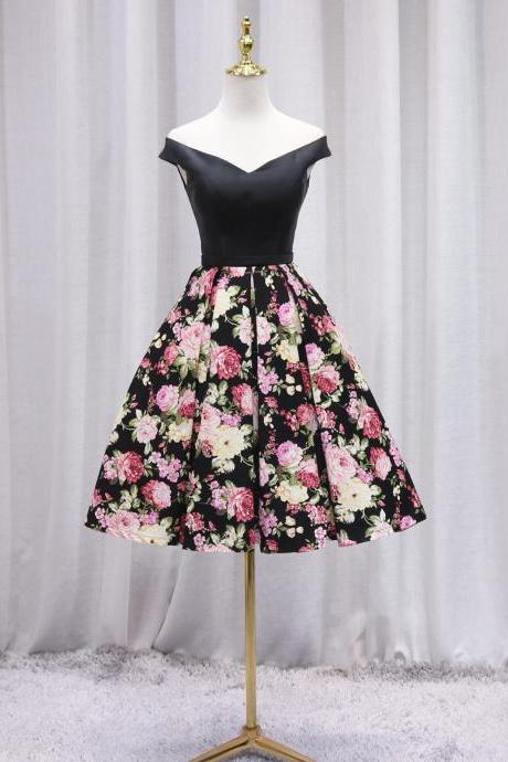 Black Satin And Floral Off Shoulder Party Dress, Black Short Homecoming Dress Prom Dress