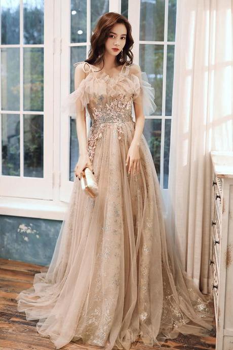 Champagne Tulle A-line Off Shoulder Lace Long Party Derss, Elegant Long Formal Dress Promd Ress