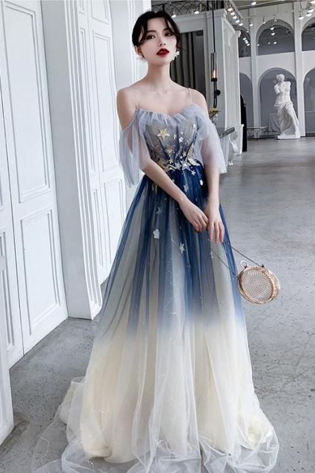Blue Gradient Tulle Straps A-line Long Party Dress Formal Dress, Gradient Evening Dresses