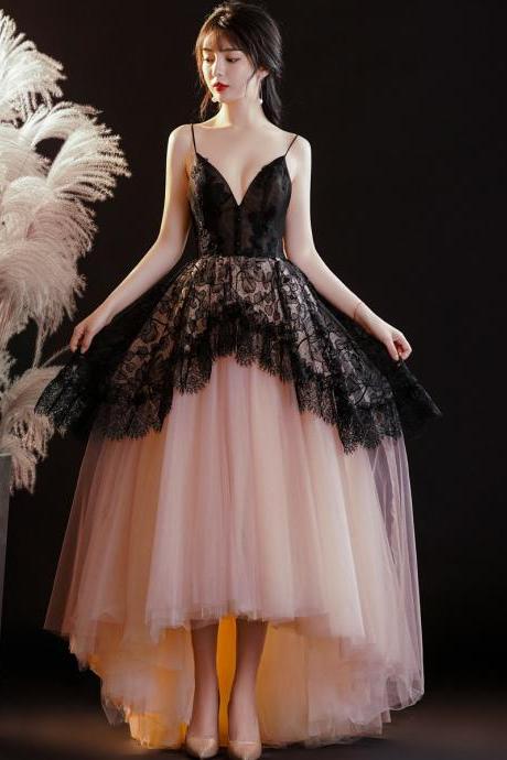 Pink And Black Tulle With Lace Straps V-neckline Evening Dress, Beautiful Formal Dress Prom Dress