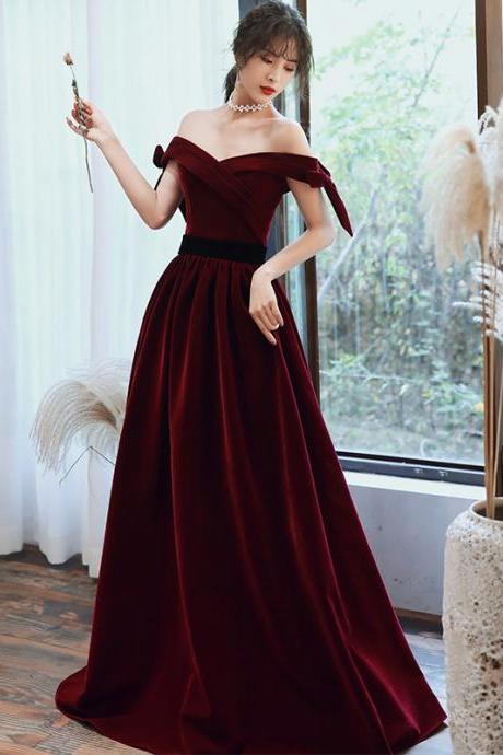 Wine Red Velvet Simple Style Long Wedding Party Dress, Dark Red Prom Dress Formal Dress