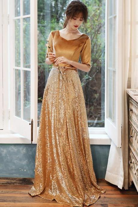 Golden Sequins And Velvet A-line Floor Length Party Dress, Short Sleeves Formal Dress Bridesmaid Dress