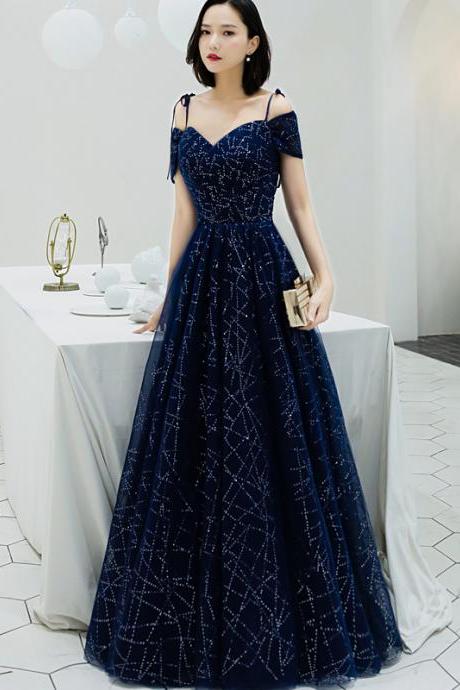 Navy Blue Sweetheart Shiny Tulle Off Shoulder Party Dress, Navy Blue Long Evening Dress
