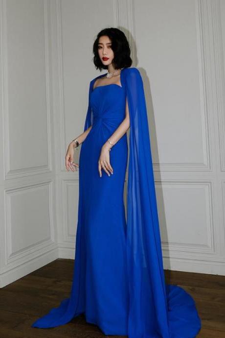 Royal Blue Chiffon Long Gorgeous Wedding Party Dress, Blue Chiffon Long Evening Gown Party Dress