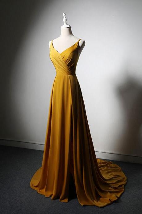 V-neckline Straps Long Gold Simple Party Dress With Leg Slit, Long Gold Evening Dress Prom Dress