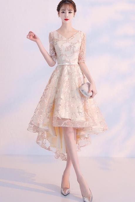 Lovely Lace High Low Homecoming Dress,champagne Short Prom Dress Formal Dress
