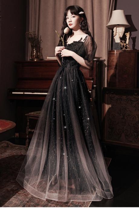 Black Lace Applique Top Gradient Tulle Long Party Dress, Black Long Formal Dress Evening Dress