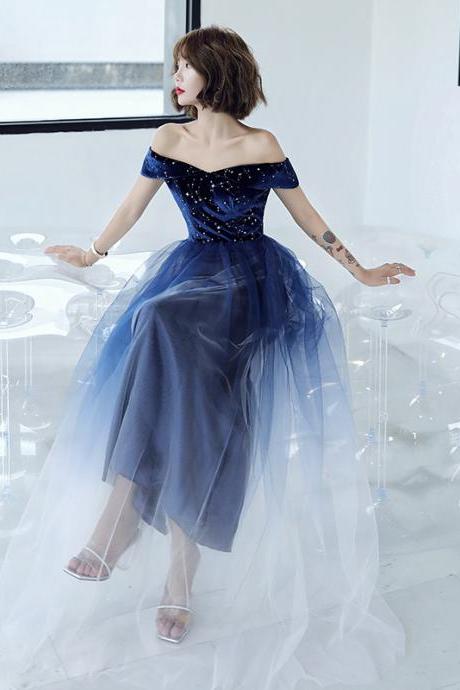 Blue Graident Velvet And Tulle Off Shoulder A-line Party Dresses, Blue Long Formal Dresses Bridesmaid Dresses