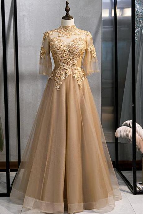 Champagne Short Sleeves Tulle With Lace Applique Long Formal Dress, A-line Champagne Evening Dress Formal Dress