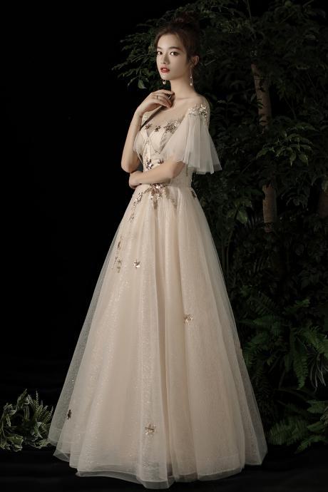 Lovely Light Champagne Puffy Short Sleeves Long Evening Dress, Tulle A-line Prom Dress Party Dress