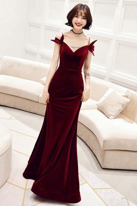 Beautiful Wine Red Velvet Mermaid Straps Long Evening Dress, Dark Red Velvet Formal Dress