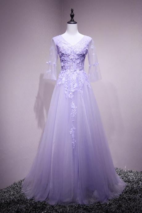 Purple Tulle Flower And Lace Short Sleeves Tulle Long Formal Dress,a-line Lavender Party Dress Prom Dress