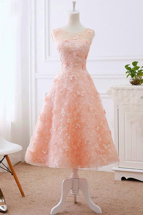 Pink Tea Length Flower Lace Round Neckline Wedding Party Drses, Pretty Lace Formal Dress
