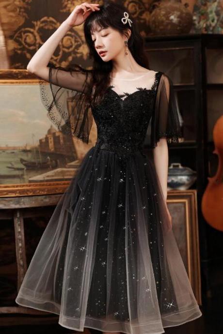 Black Short Sleeves Gradient Tulle And Lace Party Dress, Lovely Black Formal Dresses Bridesmaid Dress
