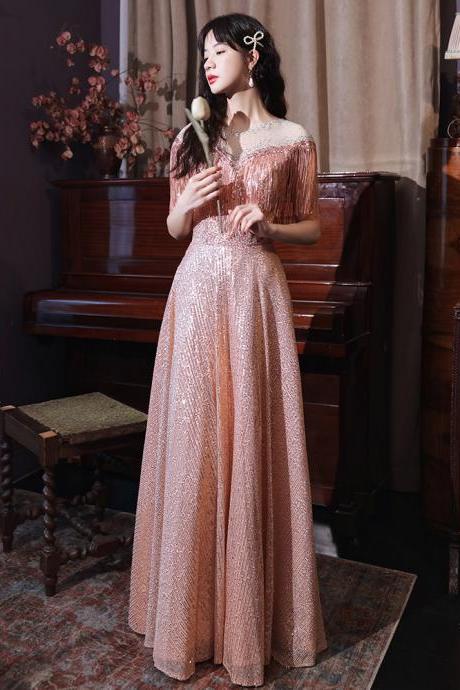 Pink Sequins Floor Length Long A-line Bridesmaid Dress, Pink Tulle Party Dress Prom Dress