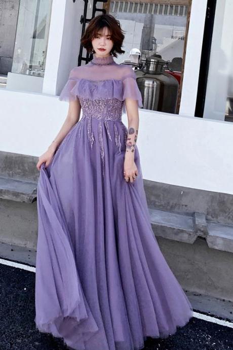 Purple Tulle High Neckline Lace Floor Length Party Dress, Purple Evening Dress Formal Dresses