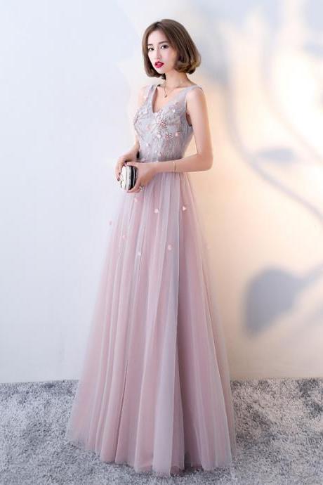 V-neckline Beaded Tulle Flowers Pink Prom Dress Party Dress, A-line Tulle Formal Dresses