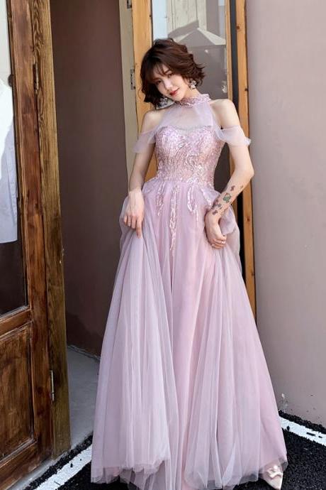 Pink Halter Tulle Unique Style Floor Length Party Dress, Pink Prom Dress Evening Dress