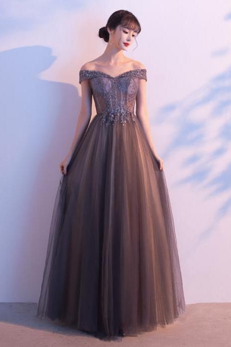 Beautiful Off Shoulder Lace Applique Tulle Long Sweetheart Party Dress, A-line Tulle Prom Dress Formal Dresses