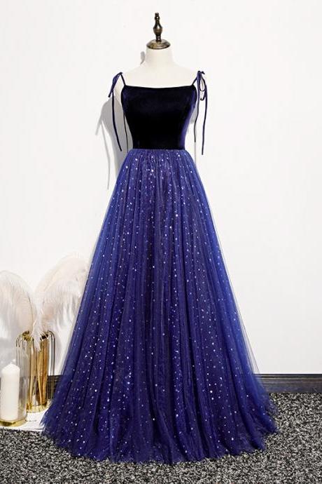 Blue Tulle With Velvet Top Straps Long Party Dress, A-line Tulle Formal Dresses