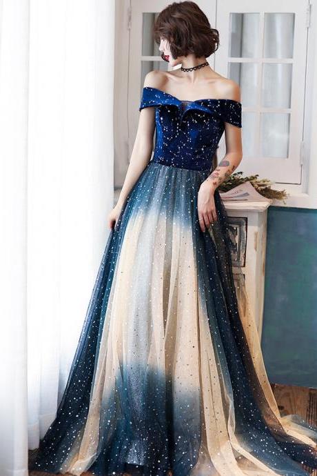 Gorgeous Blue Shiny Gradient Off Shoulder Long Party Dress, A-line Tulle Formal Dresses Prom Dresses