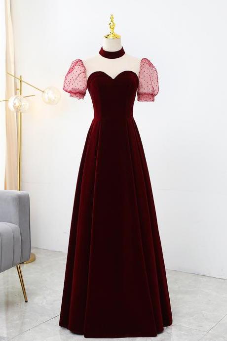 Elegant Wine Red Velvet Floor Length Party Dress, A-line Velvet Bridesmaid Dresses
