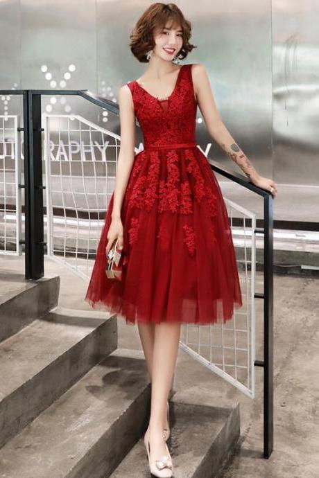 Wine Red V-neckline Knee Length Party Dress Homecoming Dress, Dark Red Prom Dress