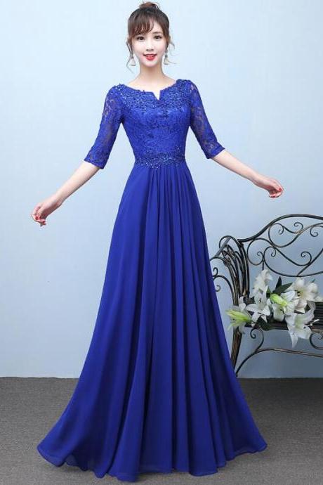 Blue Lace And Chiffon Short Sleeves With Beading Bridesmaid Dress, Blue Long Evening Dresses
