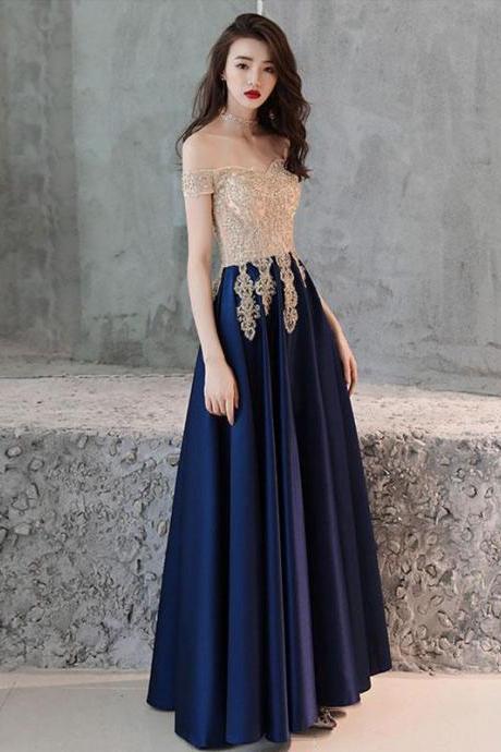 Blue Lace Off Shoulder Satin With Gold Lace Long Party Dress, Sweetheart Long Evening Dress